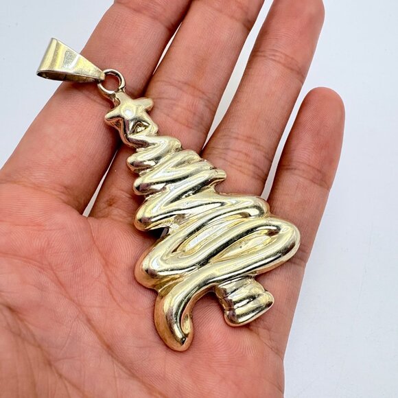 VTG Sterling Silver 925 Christmas Tree Puffed Design Pendant Size 3" Length - Picture 2 of 9